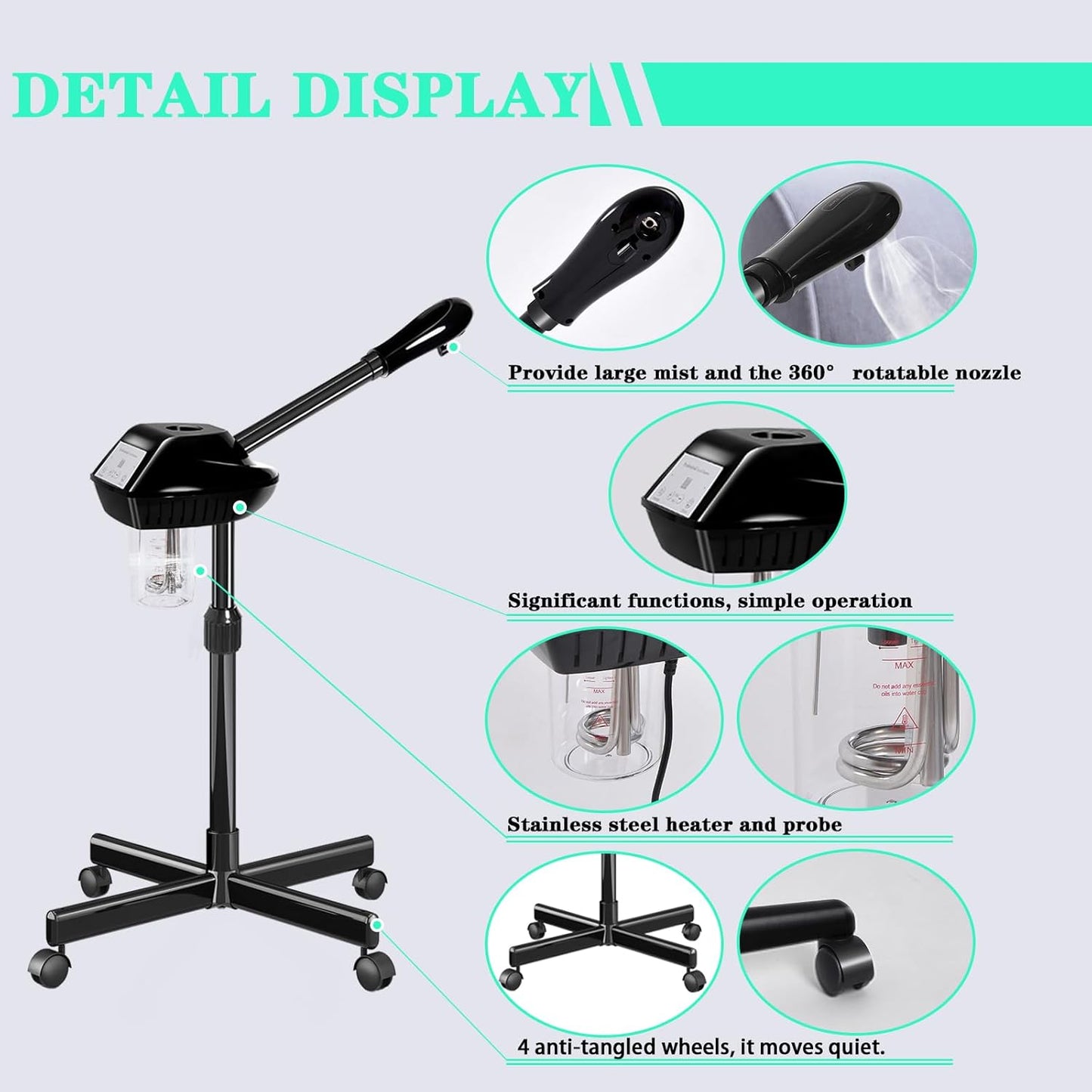 Professional Facial Steamer for Estheticians, Hot Mist & Timer Function, Ozone Facial Steamer on Wheels for Spa Beauty, Home Use
