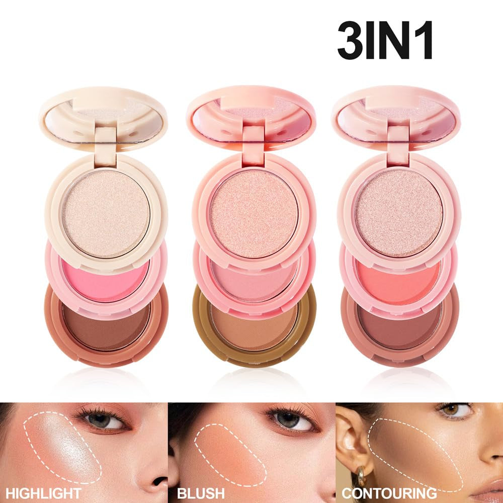 Blush and Highlighter Palette,3 in 1 Contour Palette,Cruelty-Free Matte Bronzer Powder,Women'S Brightening Pearlescent Highlighter,Eyeshadow Powder Makeup Set (03#)