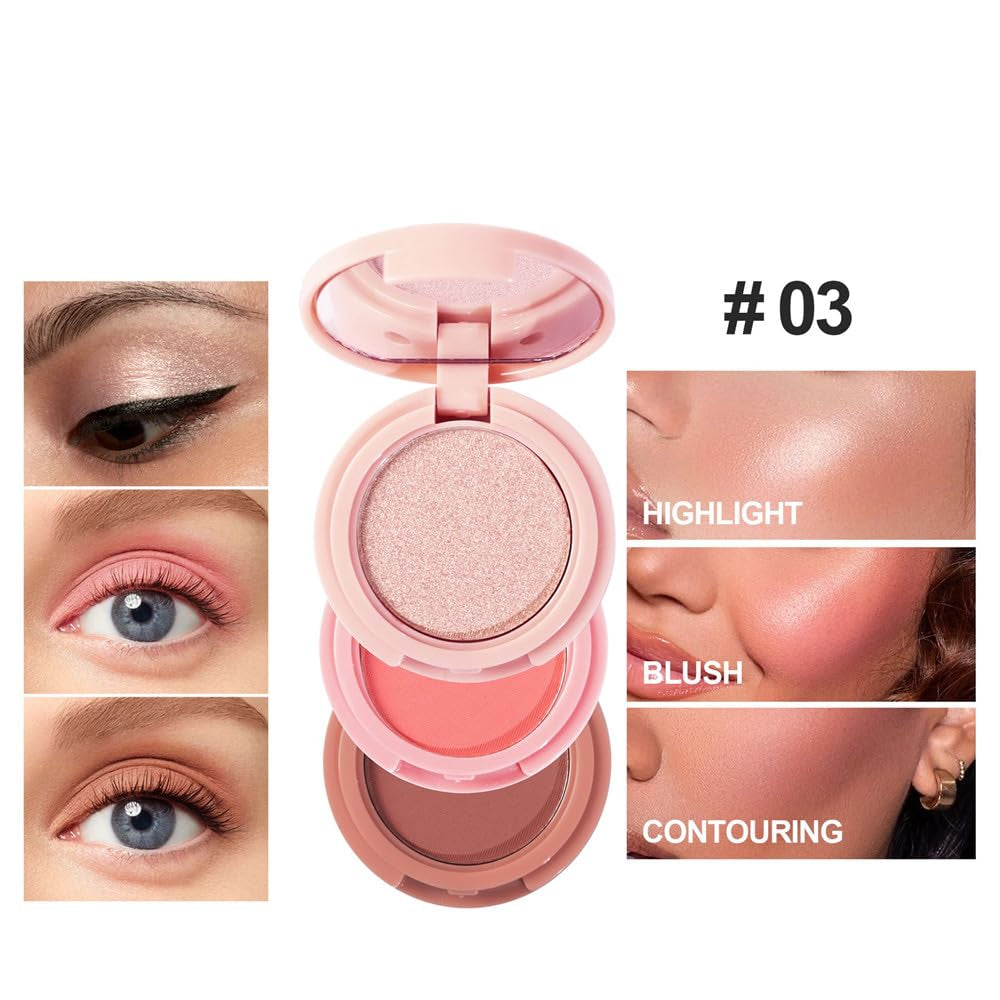 Blush and Highlighter Palette,3 in 1 Contour Palette,Cruelty-Free Matte Bronzer Powder,Women'S Brightening Pearlescent Highlighter,Eyeshadow Powder Makeup Set (03#)