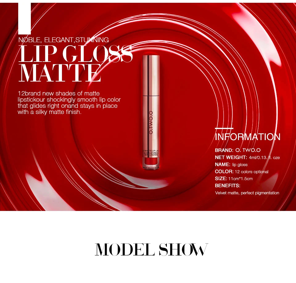 O.TWO.O 12-Color Velvet Matte Lipstick – Long-Lasting & Waterproof