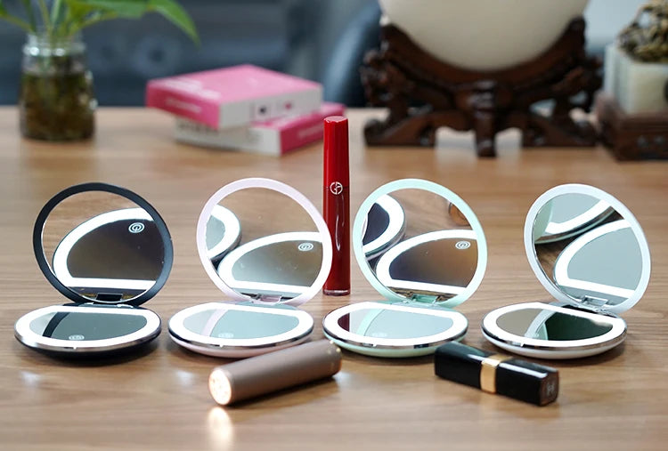 Handheld Portable LED Makeup Mirror – Dual Sided 5x Magnification
