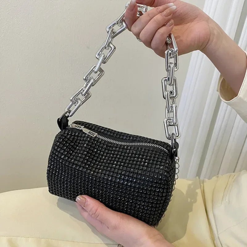 Mini bucket bag with glitter and rhinestones