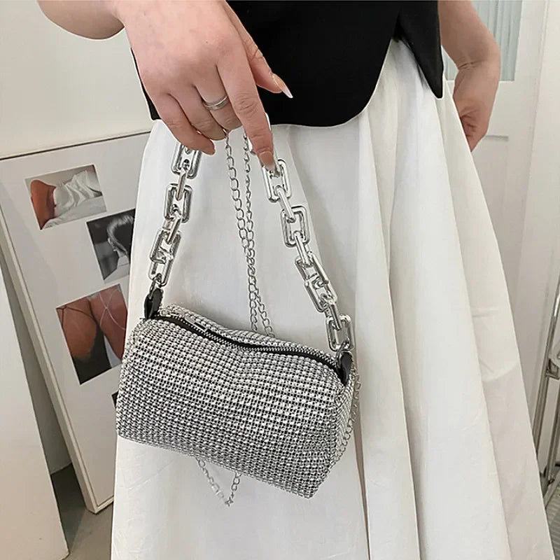 Mini bucket bag with glitter and rhinestones