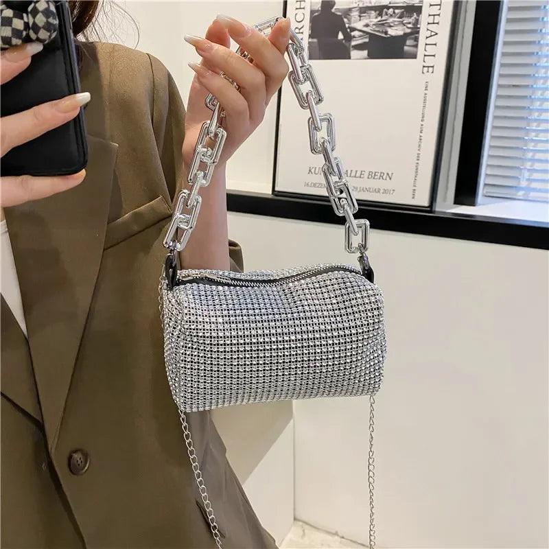 Mini bucket bag with glitter and rhinestones