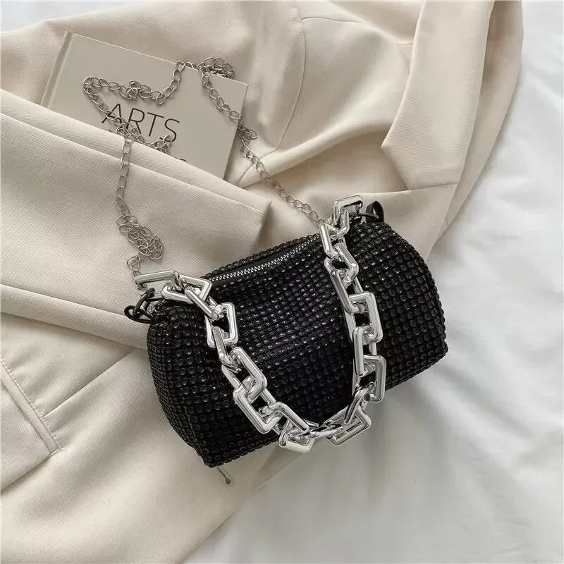 Mini bucket bag with glitter and rhinestones