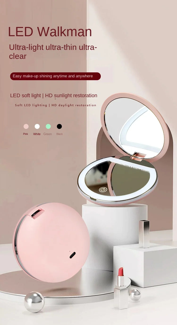 Handheld Portable LED Makeup Mirror – Dual Sided 5x Magnification