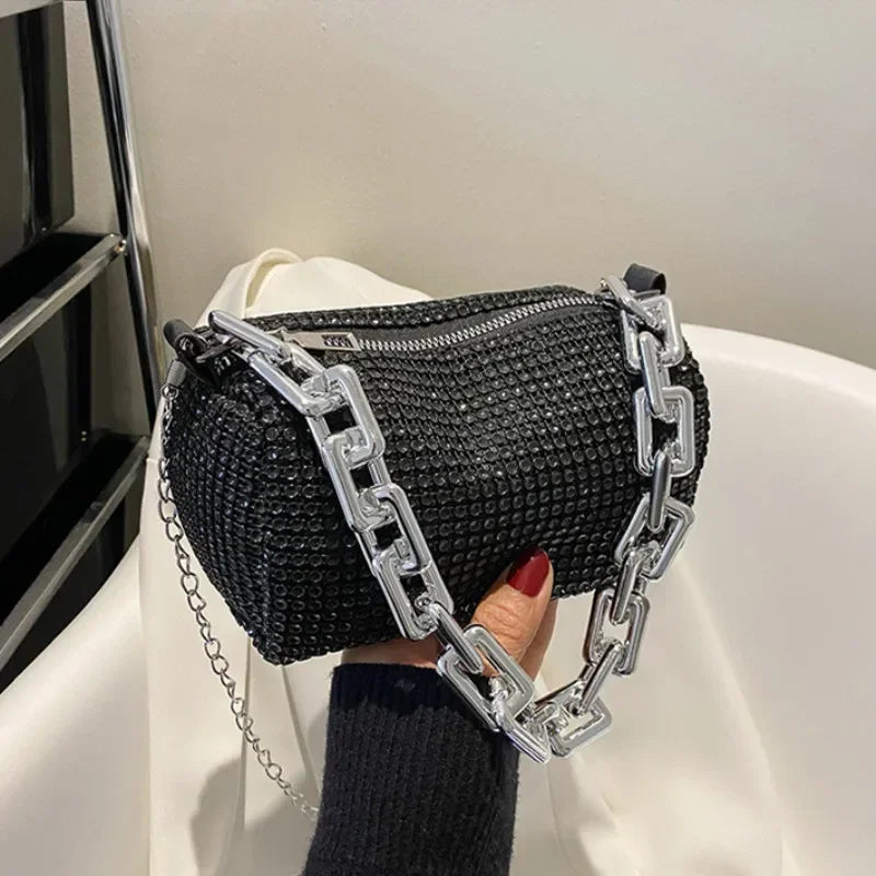 Mini bucket bag with glitter and rhinestones