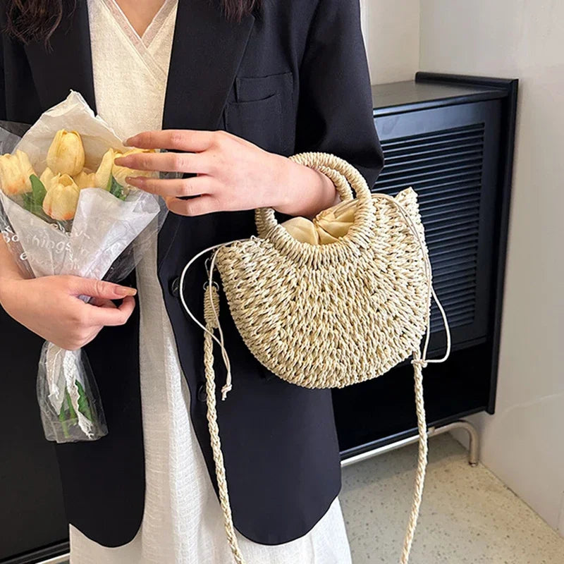 Handwoven Rattan Half-Moon Bag