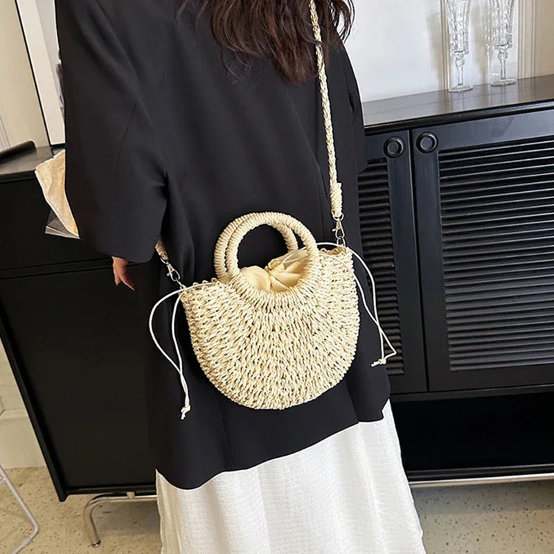 Handwoven Rattan Half-Moon Bag