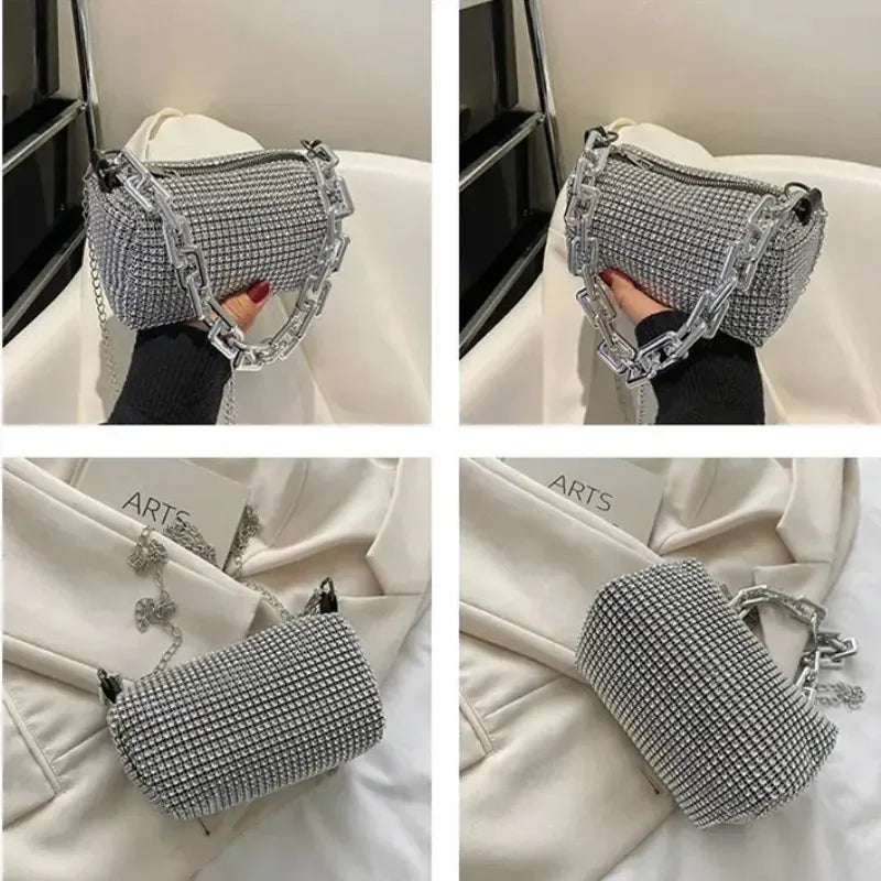 Mini bucket bag with glitter and rhinestones