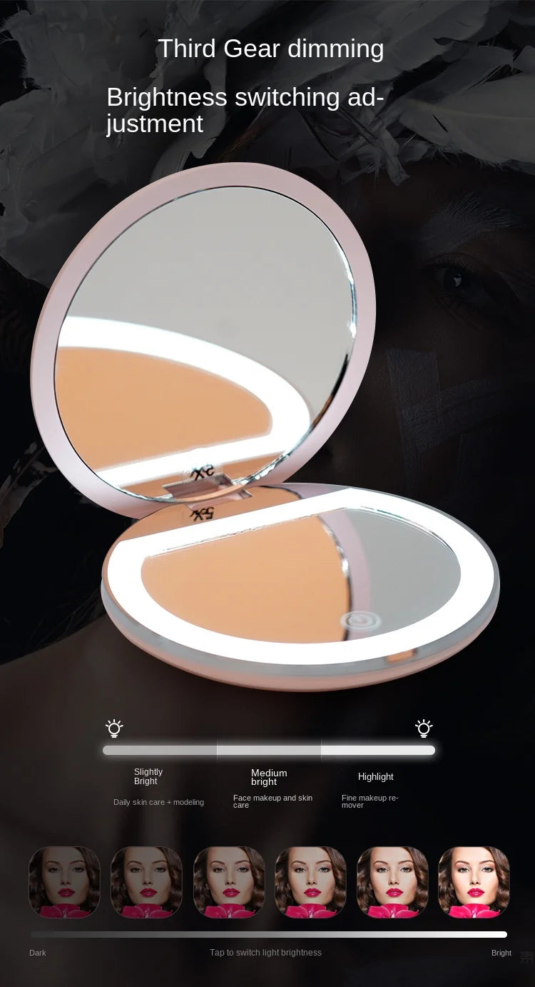 Handheld Portable LED Makeup Mirror – Dual Sided 5x Magnification