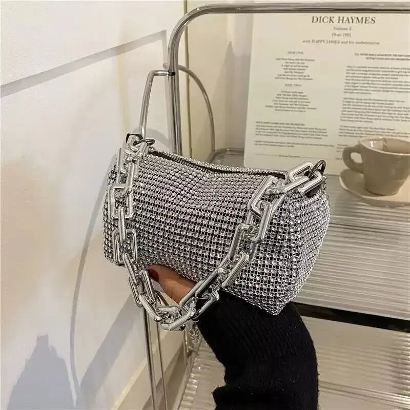 Mini bucket bag with glitter and rhinestones