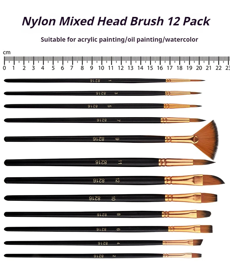 12 PCS Nylon Bristle Brush Set Watercolor Oil Acrylic