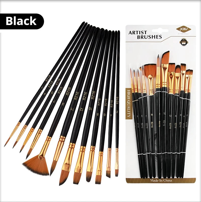 12 PCS Nylon Bristle Brush Set Watercolor Oil Acrylic