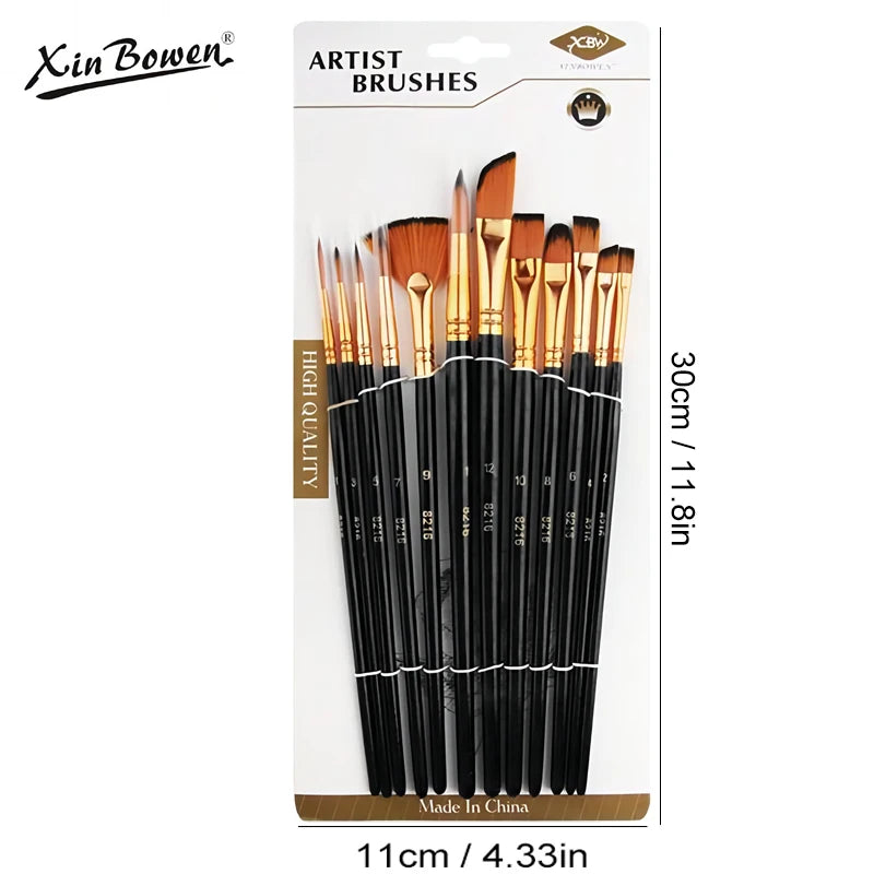 12 PCS Nylon Bristle Brush Set Watercolor Oil Acrylic