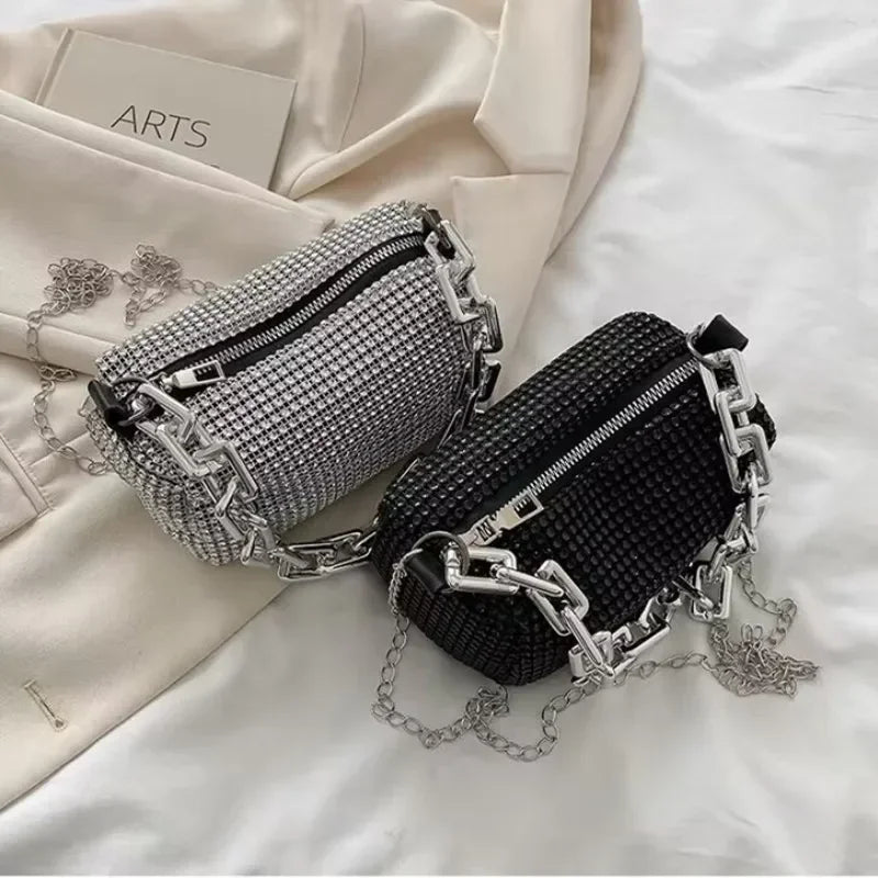 Mini bucket bag with glitter and rhinestones