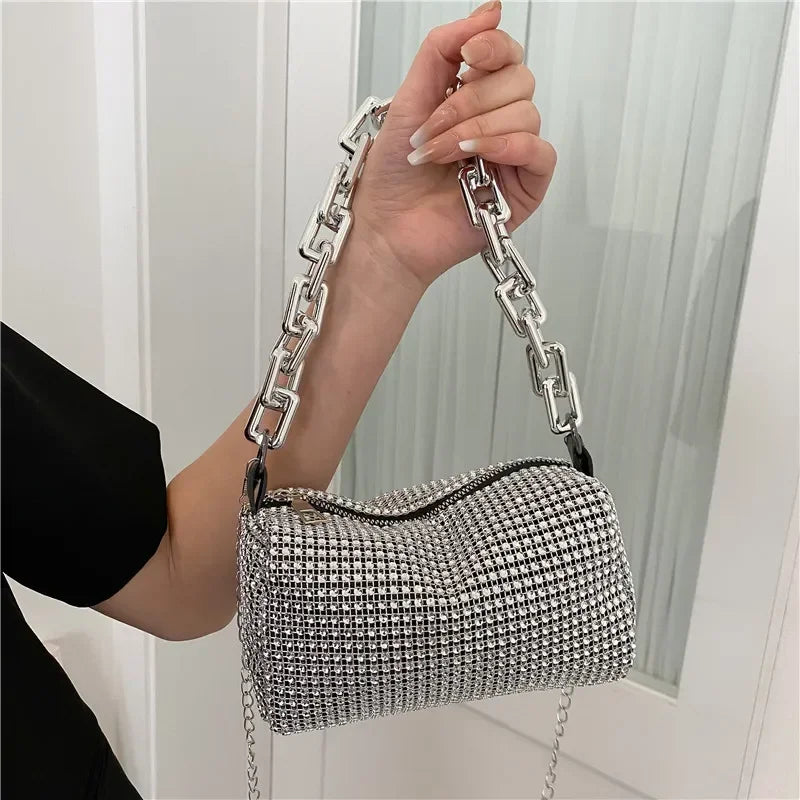 Mini bucket bag with glitter and rhinestones