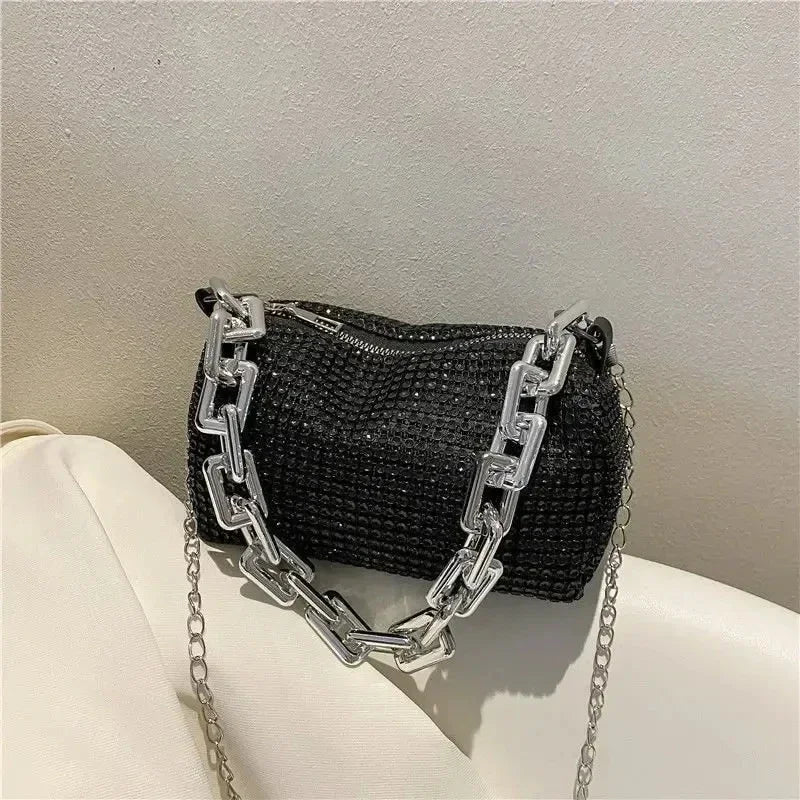 Mini bucket bag with glitter and rhinestones