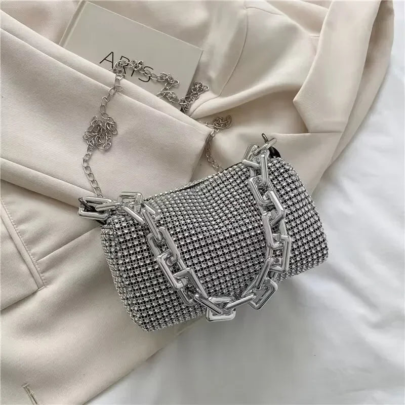 Mini bucket bag with glitter and rhinestones
