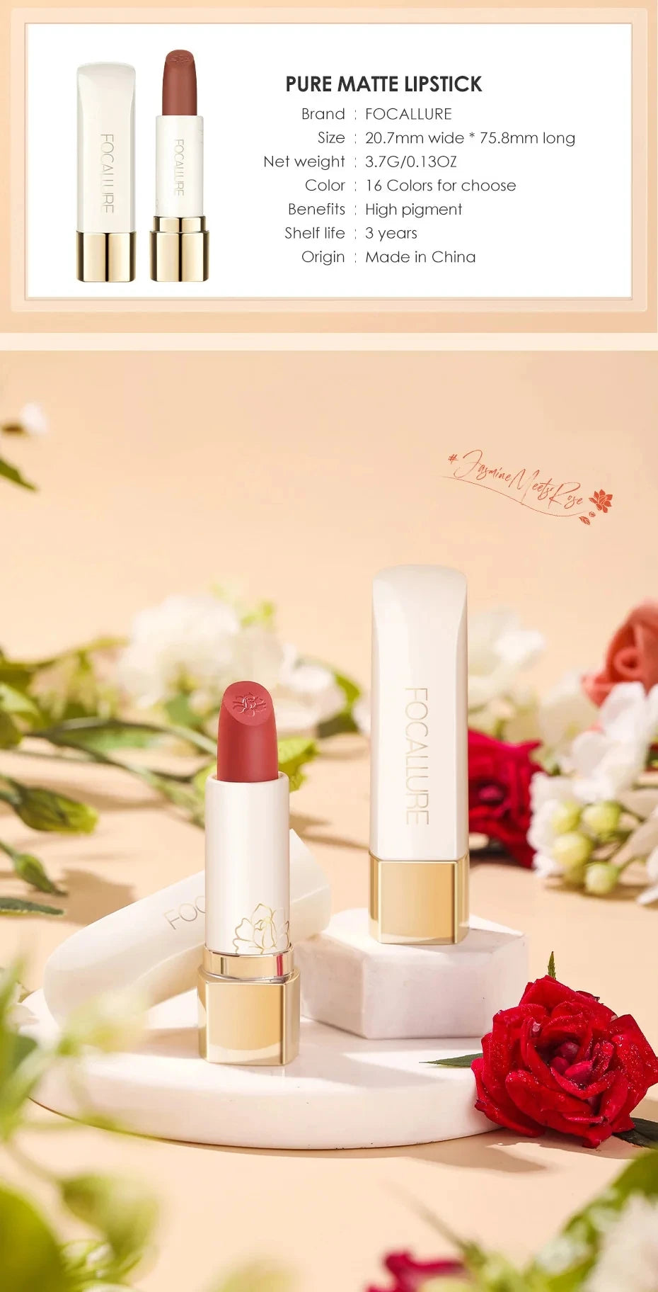 FOCALLURE 16-Color Matte Lipstick – Waterproof, High Pigment