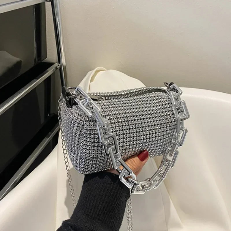 Mini bucket bag with glitter and rhinestones
