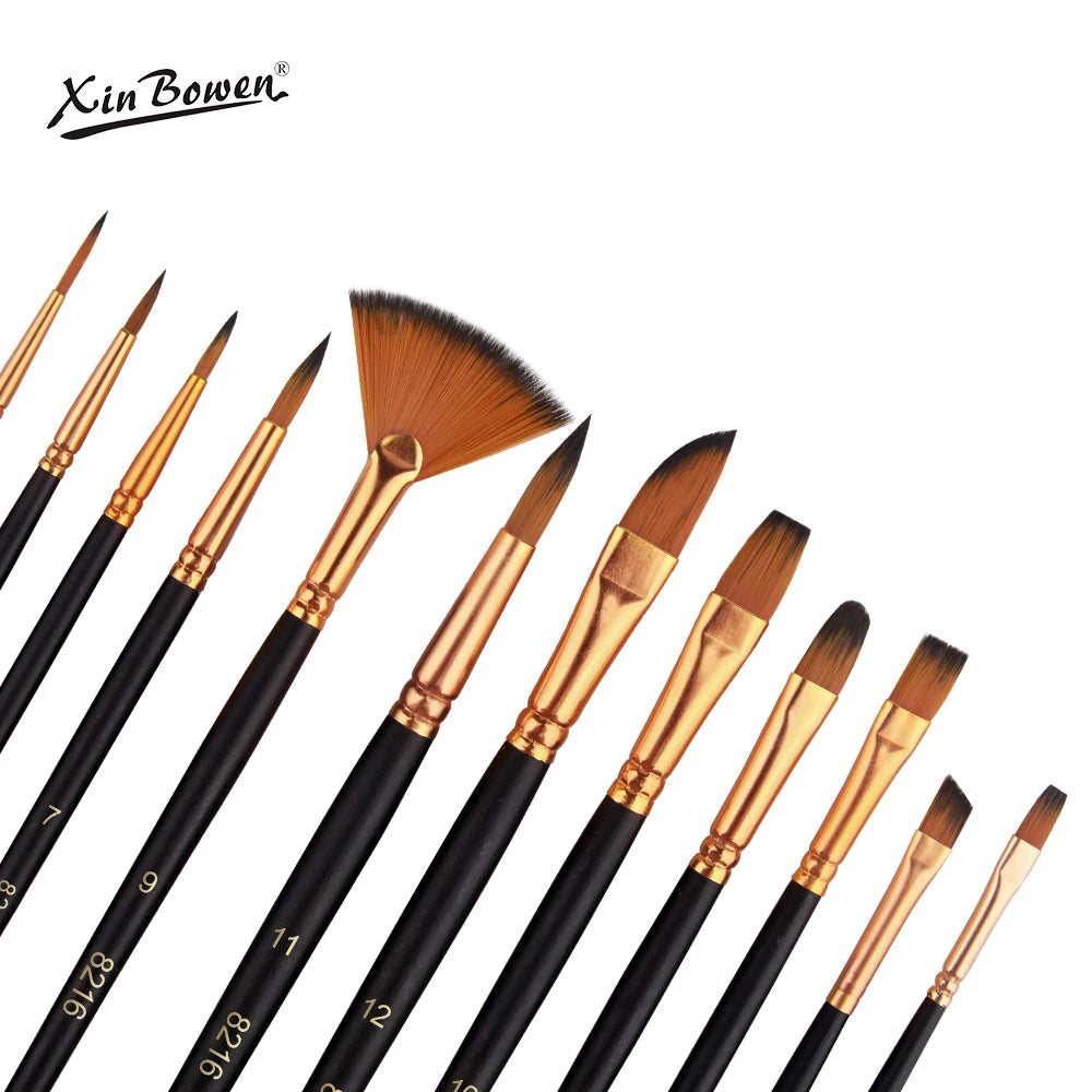 12 PCS Nylon Bristle Brush Set Watercolor Oil Acrylic