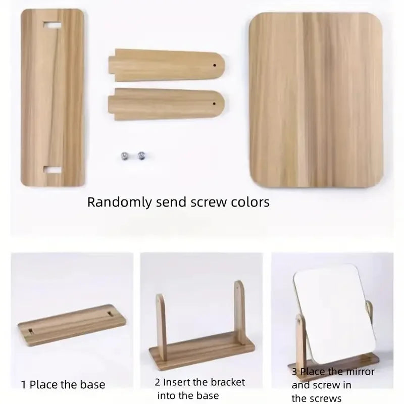 Wooden Rotating Vanity Mirror Adjustable Desktop Makeup Stand