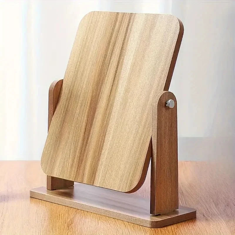 Wooden Rotating Vanity Mirror Adjustable Desktop Makeup Stand