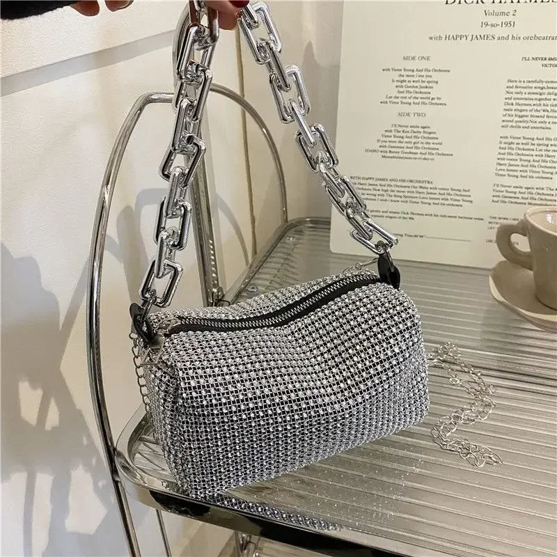Mini bucket bag with glitter and rhinestones