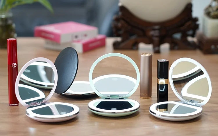 Handheld Portable LED Makeup Mirror – Dual Sided 5x Magnification