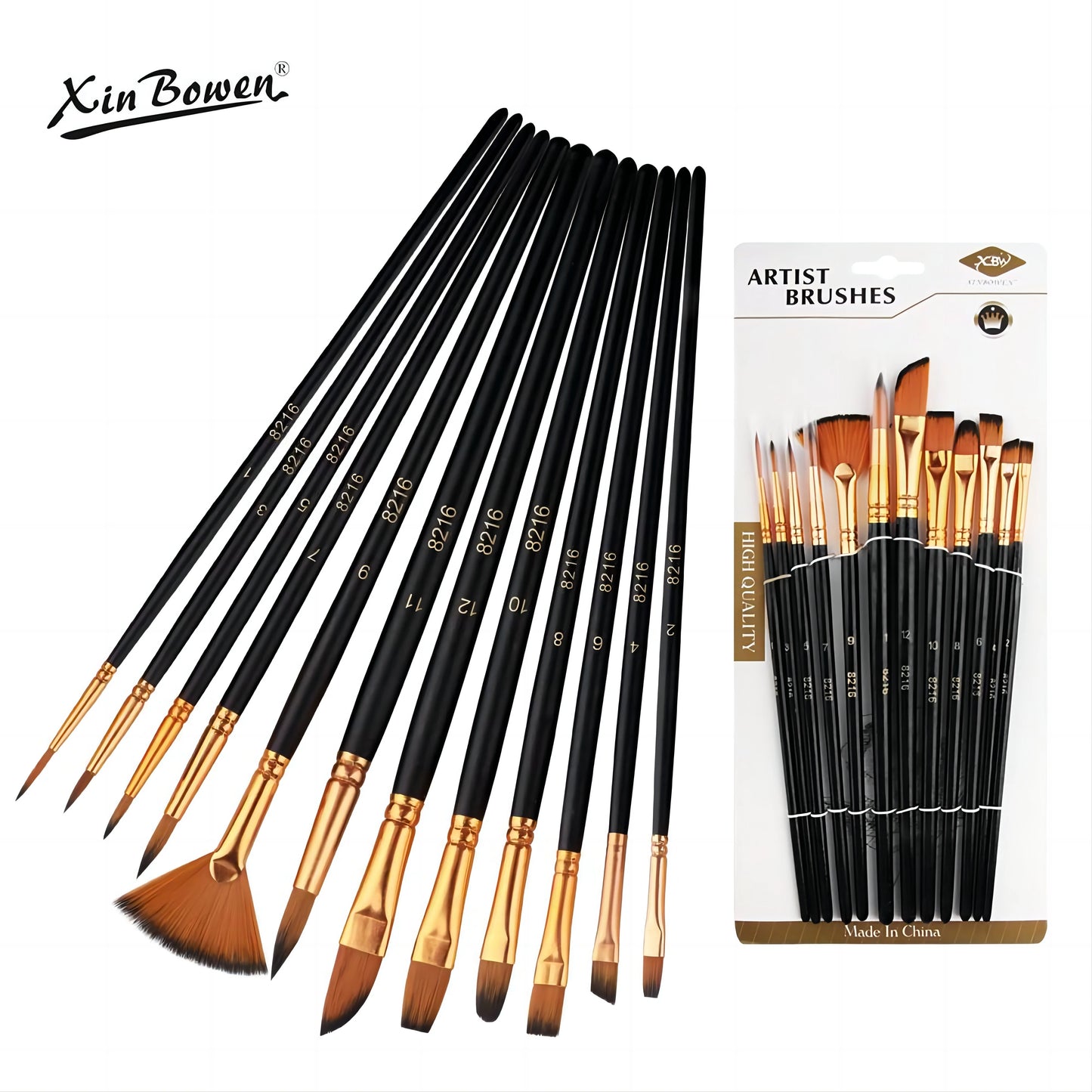 12 PCS Nylon Bristle Brush Set Watercolor Oil Acrylic