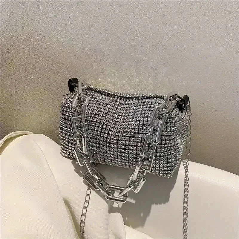Mini bucket bag with glitter and rhinestones