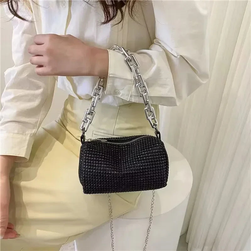 Mini bucket bag with glitter and rhinestones