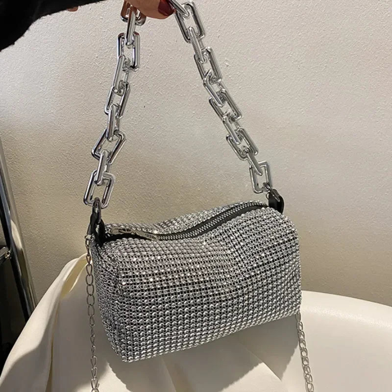 Mini bucket bag with glitter and rhinestones