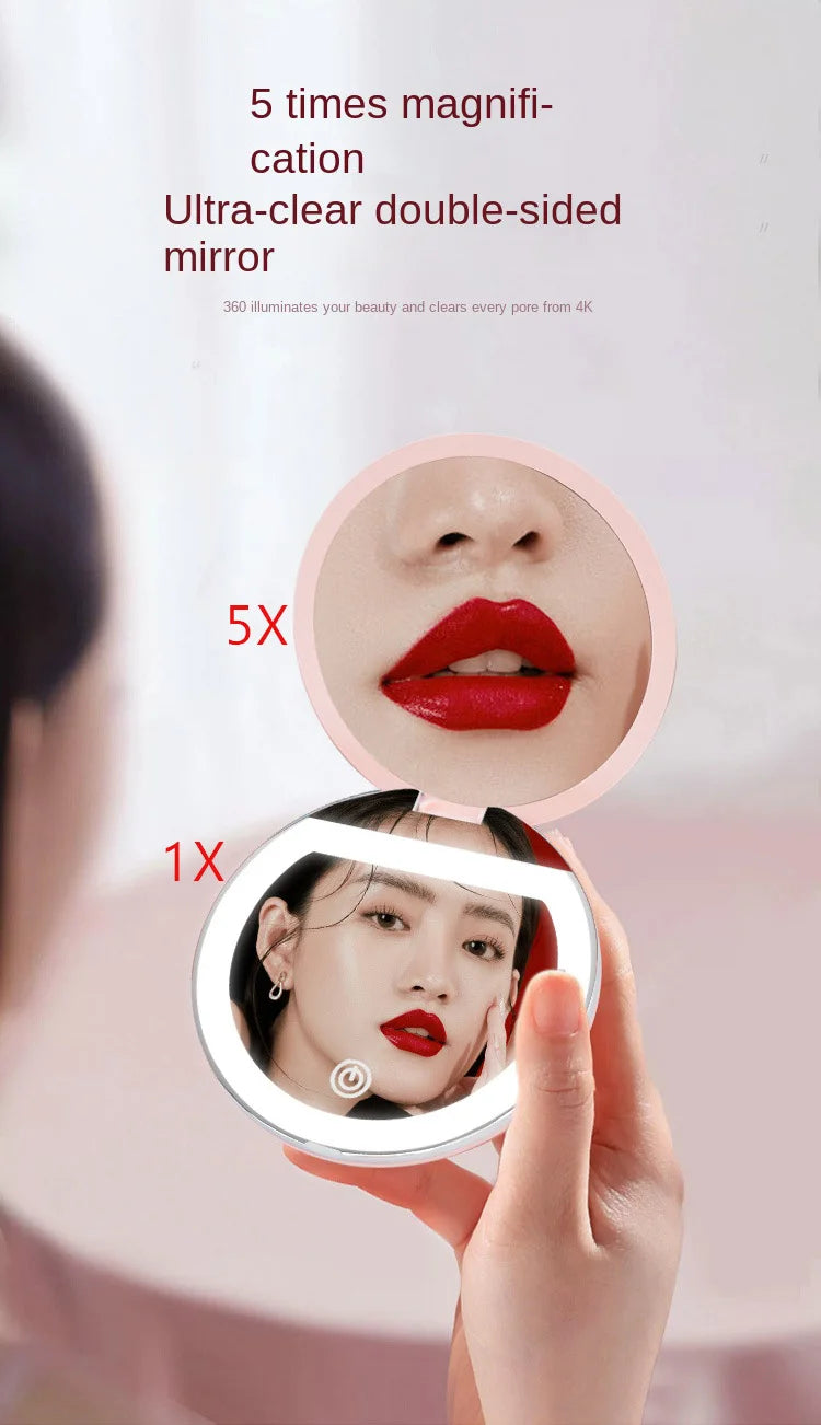 Handheld Portable LED Makeup Mirror – Dual Sided 5x Magnification