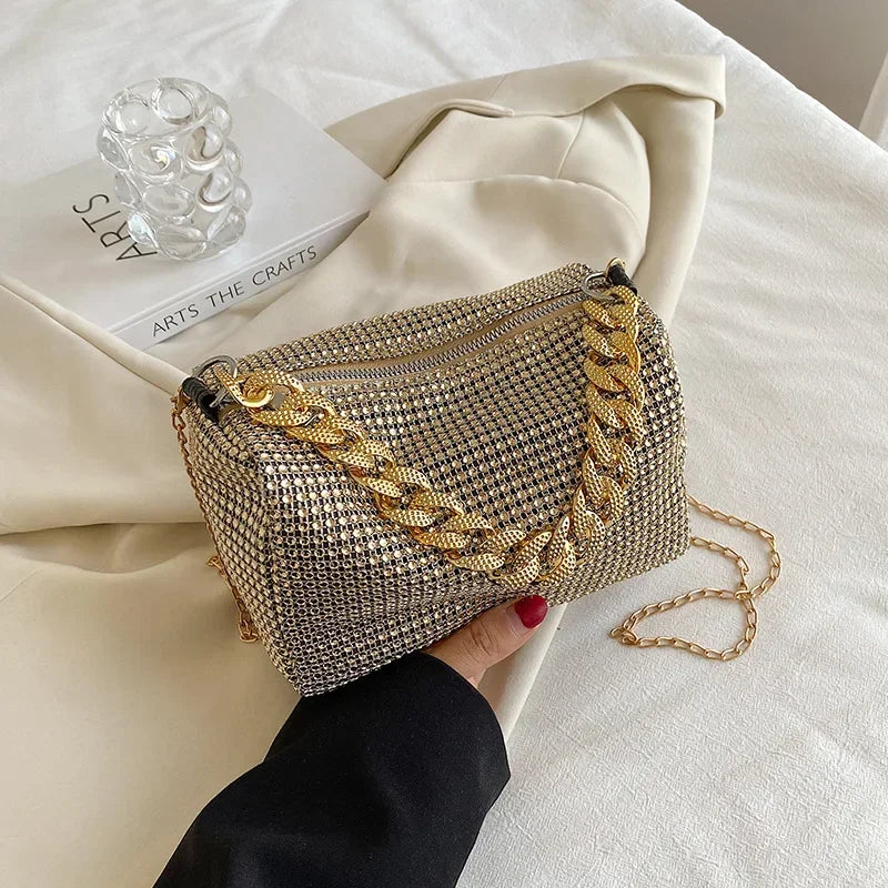 Mini bucket bag with glitter and rhinestones