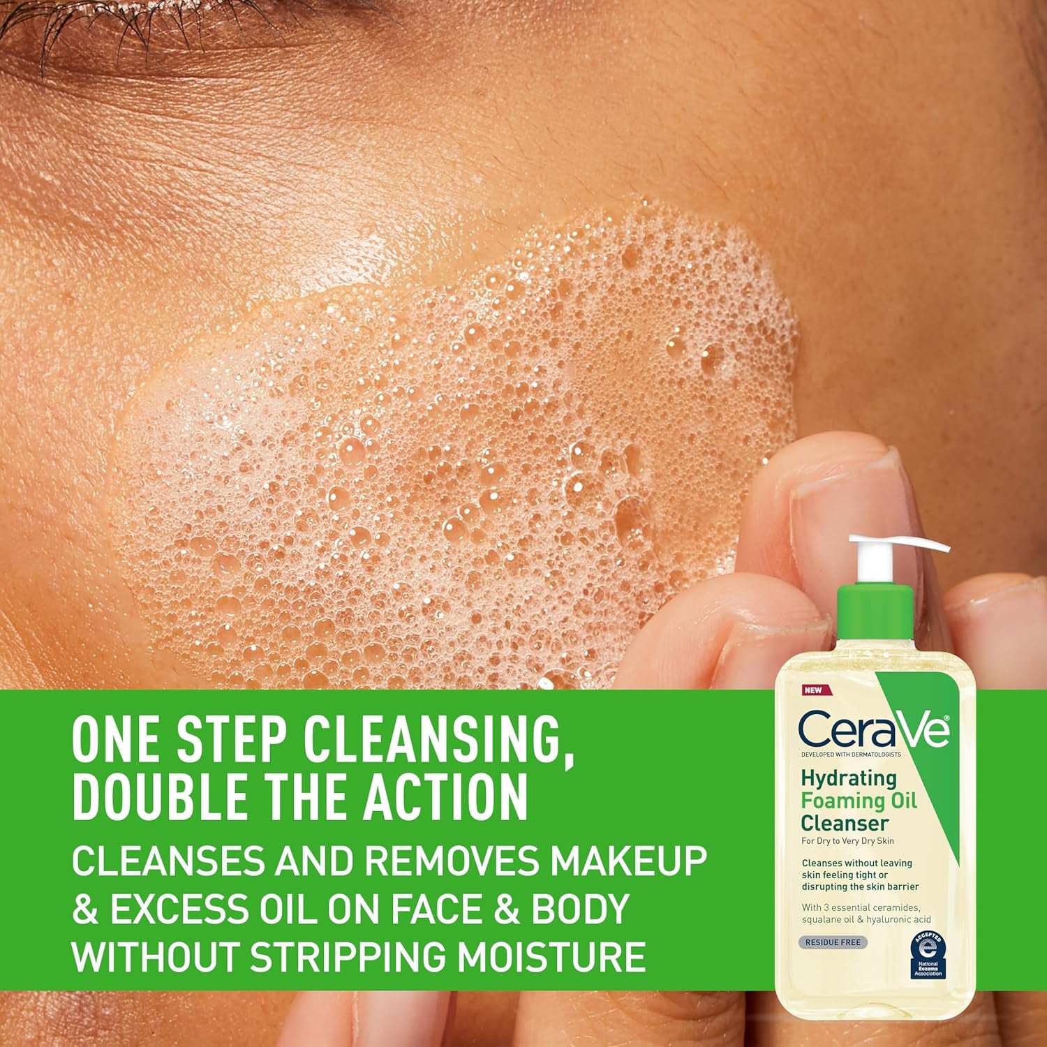Hydrating Foaming Oil Cleanser for Face and Body with Squalane, Hyaluronic Acid, and Ceramides - Ideal for Dry to Very Dry Skin, Fragrance-Free and Residue-Free, 19 FL Oz
