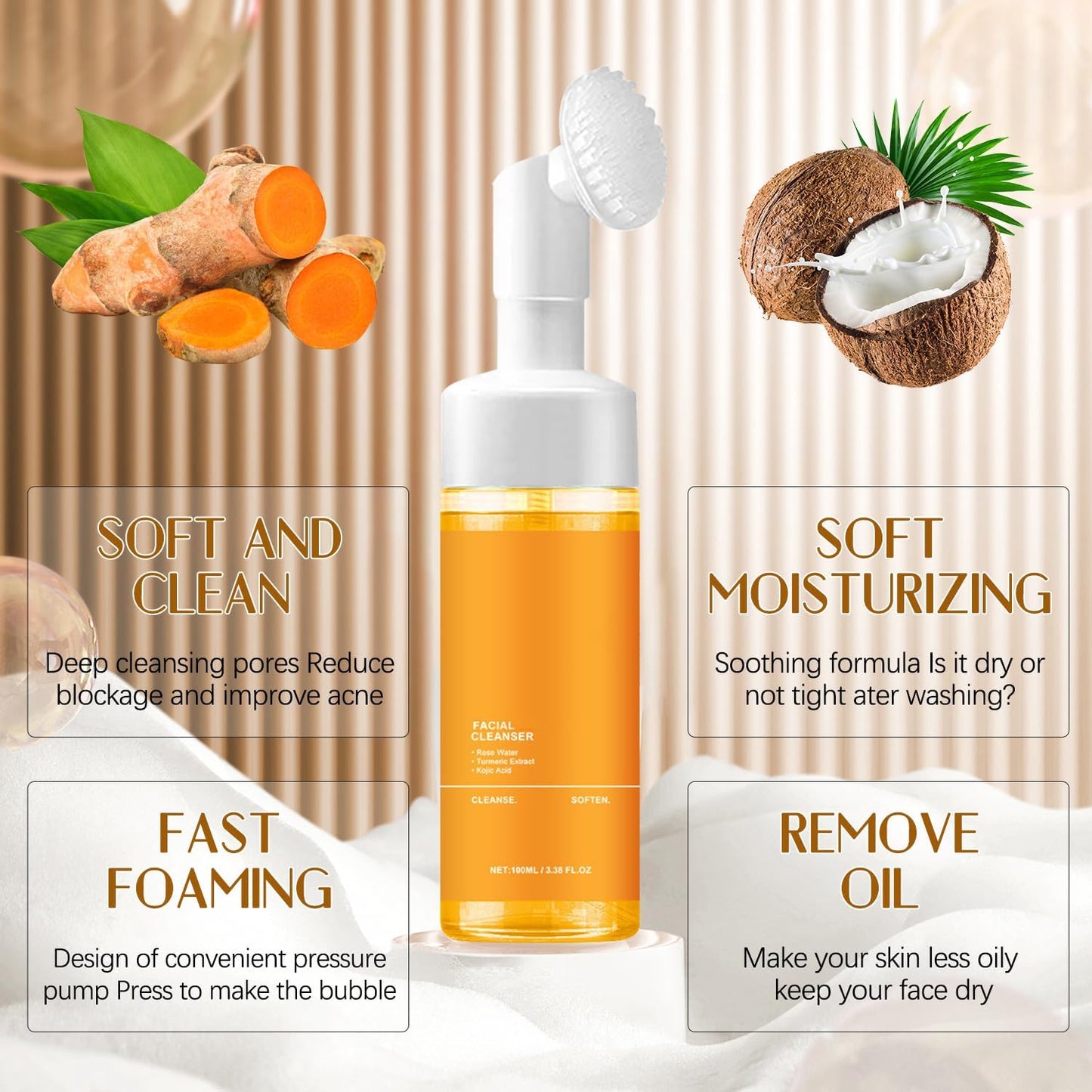Turmeric Facial Cleanser, Turmeric Facial Wash, Turmeric Face Wash, Turmeric Facial Cleanser,Turmeric Foaming Cleanser for All Skin3.38 Oz