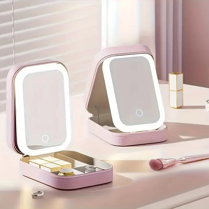 Compact Pink Leather LED Makeup Mirror Jewelry Organizer