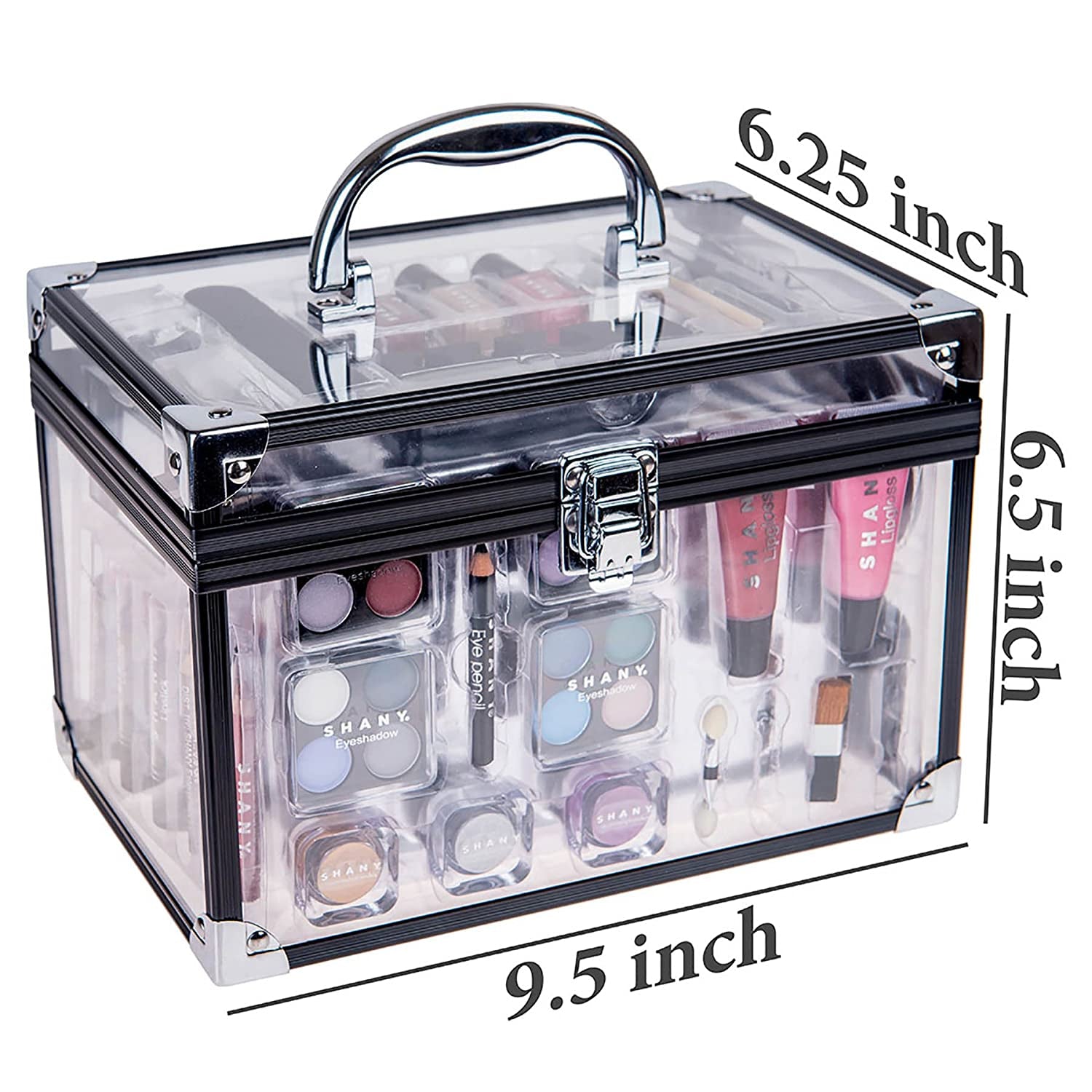 Carry All Trunk Makeup Train Case with Re-Usable Aluminum Beauty Storage Organizer Case. Make up Set with Eye Palettes, Blushes,Face Powders, Manicure, Pedicure and Cosmetics Brushes.