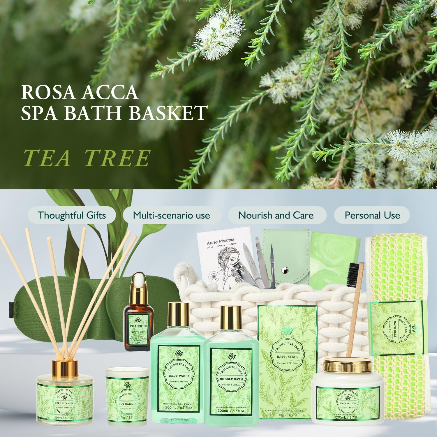 Luxury Spa Gift Set for Women - 15-Piece Tea Tree Scented Basket with Body Wash, Bubble Bath, Bath Soak, and Manicure Set - Ideal Birthday and Mother's Day Gift for Her