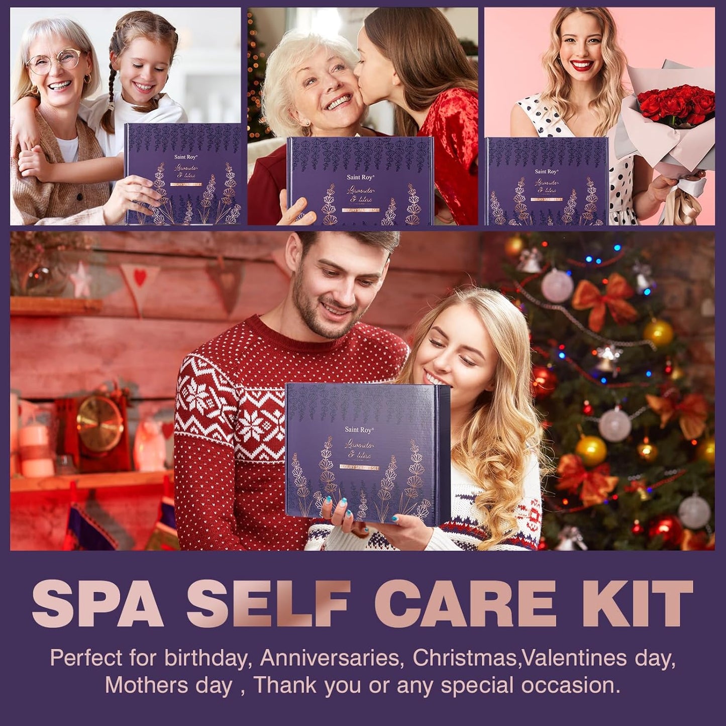 Bath and Body Gift Basket for Women and Men - Lavender Relaxing Spa Set with Massage Body Rush, Bath Bomb - Birthday Gifts for Her, Mom - Unique Self Care Idea