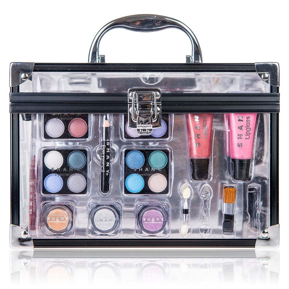 Carry All Trunk Makeup Train Case with Re-Usable Aluminum Beauty Storage Organizer Case. Make up Set with Eye Palettes, Blushes,Face Powders, Manicure, Pedicure and Cosmetics Brushes.