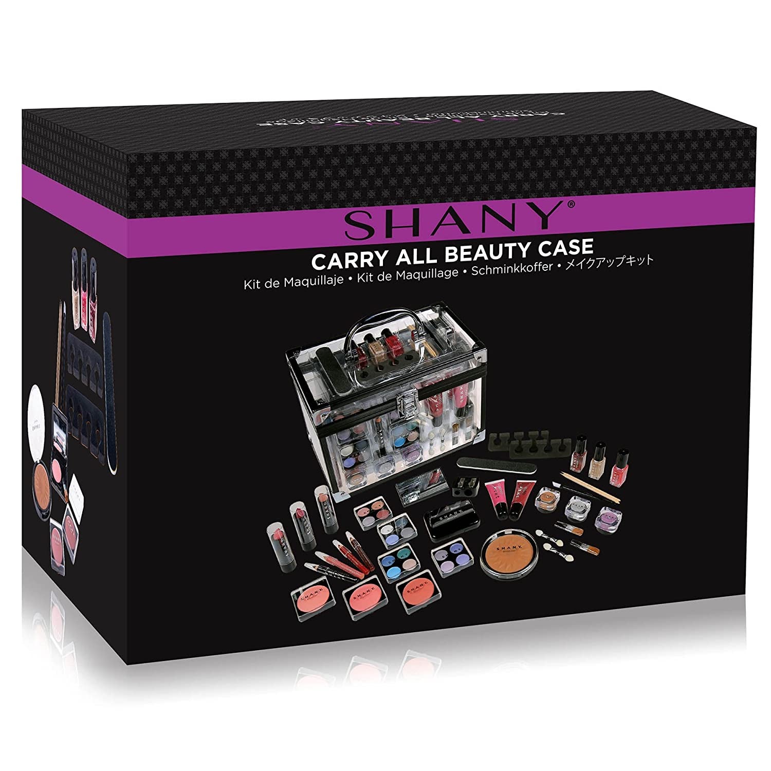 Carry All Trunk Makeup Train Case with Re-Usable Aluminum Beauty Storage Organizer Case. Make up Set with Eye Palettes, Blushes,Face Powders, Manicure, Pedicure and Cosmetics Brushes.
