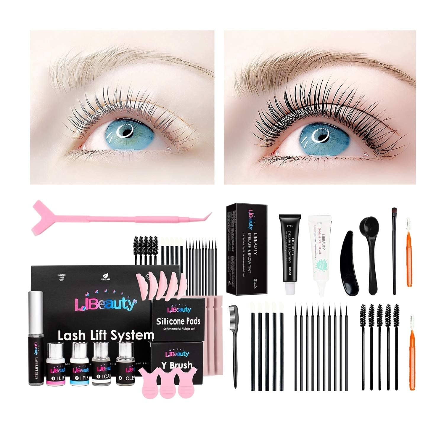 Lash Lift and Color Kit 4-In-1 with Brow Lamination & Perm - Professional Eyelash Set for Home DIY, Black Coloring Formula Creates Thicker Curled Lashes (Includes All Tools)