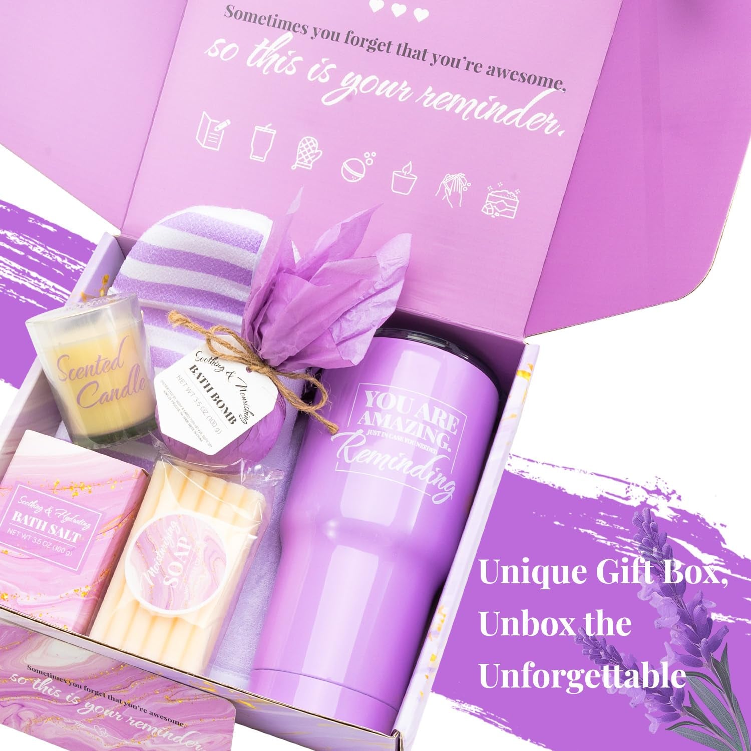 Self Care Gifts for Women Get Well Soon Gifts, Purple Birthday Gift Baskets, 8Pcs Lavender Bath and Body Sets with 20Oz Vacuum Insulated Tumbler Mother'S Day Gifts for Mom