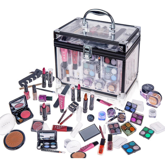 Carry All Trunk Makeup Train Case with Re-Usable Aluminum Beauty Storage Organizer Case. Make up Set with Eye Palettes, Blushes,Face Powders, Manicure, Pedicure and Cosmetics Brushes.