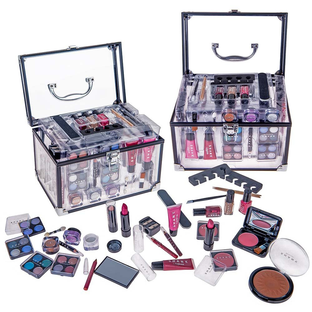 Carry All Trunk Makeup Train Case with Re-Usable Aluminum Beauty Storage Organizer Case. Make up Set with Eye Palettes, Blushes,Face Powders, Manicure, Pedicure and Cosmetics Brushes.