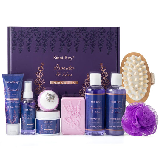 Bath and Body Gift Basket for Women and Men - Lavender Relaxing Spa Set with Massage Body Rush, Bath Bomb - Birthday Gifts for Her, Mom - Unique Self Care Idea