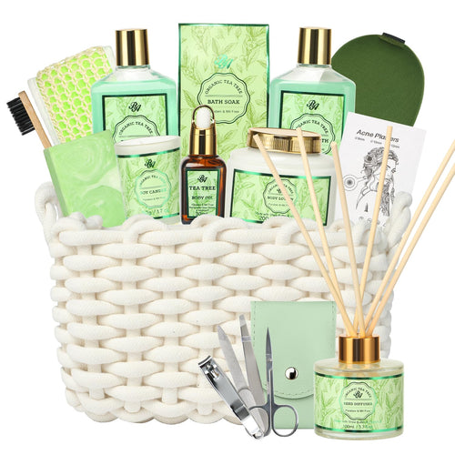 Luxury Spa Gift Set for Women - 15-Piece Tea Tree Scented Basket with Body Wash, Bubble Bath, Bath Soak, and Manicure Set - Ideal Birthday and Mother's Day Gift for Her